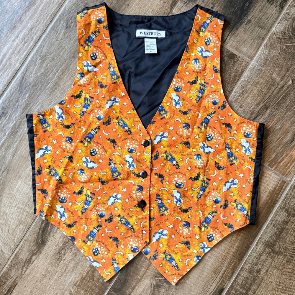 Westbury Womens Vintage Halloween Whimsy Witch Toil Trouble Vest, Orange,M